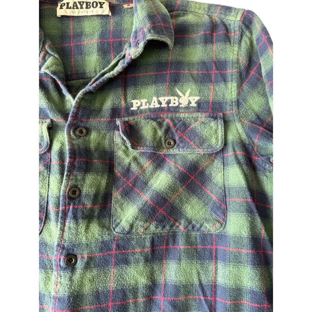 Playboy PacSun Green Blue Plaid Flannel Shirt Men’s Medium Long Sleeve - Picture 3 of 9